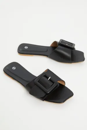 Black Buckle Detail Flat Slides