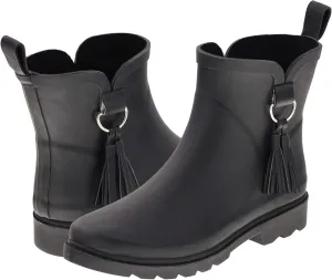 Capelli New York Ladies Short Rain Boots, Solid Matte Rain Boots, Rubber Boots With Tonal Tassel