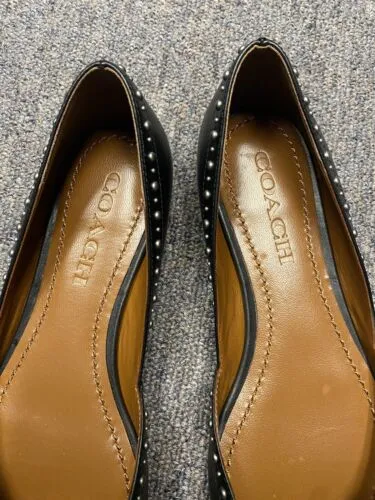 Coach Valintina Flats With Studs in Black Leather Pointed Toe Size 5.5 New