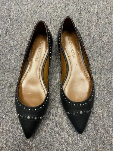 Coach Valintina Flats With Studs in Black Leather Pointed Toe Size 5.5 New