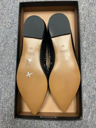 Coach Valintina Flats With Studs in Black Leather Pointed Toe Size 5.5 New