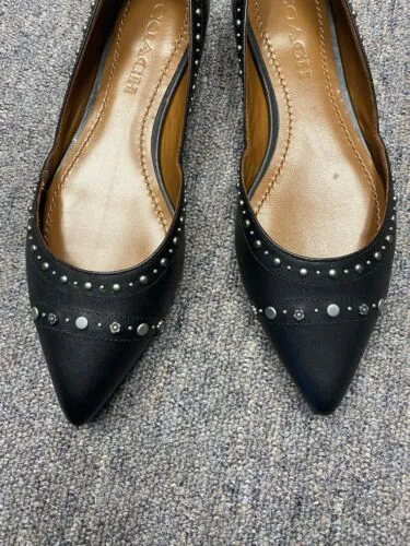 Coach Valintina Flats With Studs in Black Leather Pointed Toe Size 5.5 New
