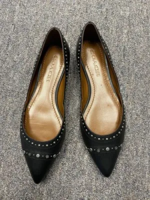 Coach Valintina Flats With Studs in Black Leather Pointed Toe Size 5.5 New