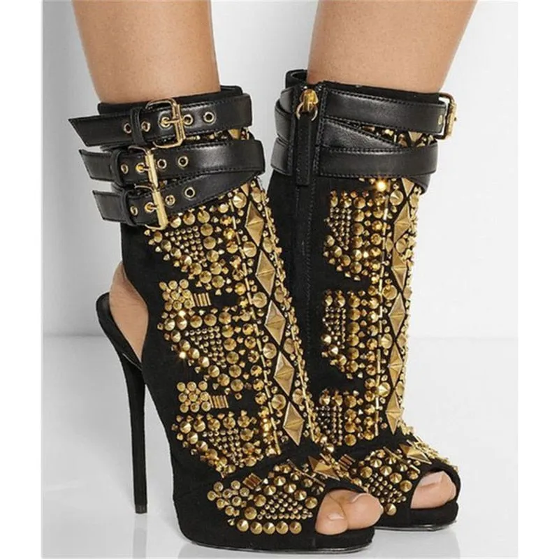 Gold Rivets Embellished Ankle Boots