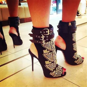 Gold Rivets Embellished Ankle Boots
