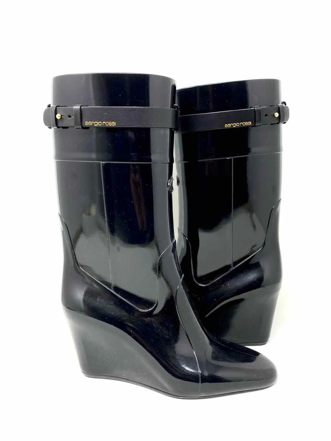 sergio rossi Women's Black Wedge Rubber Rain Size 37/7 Boots