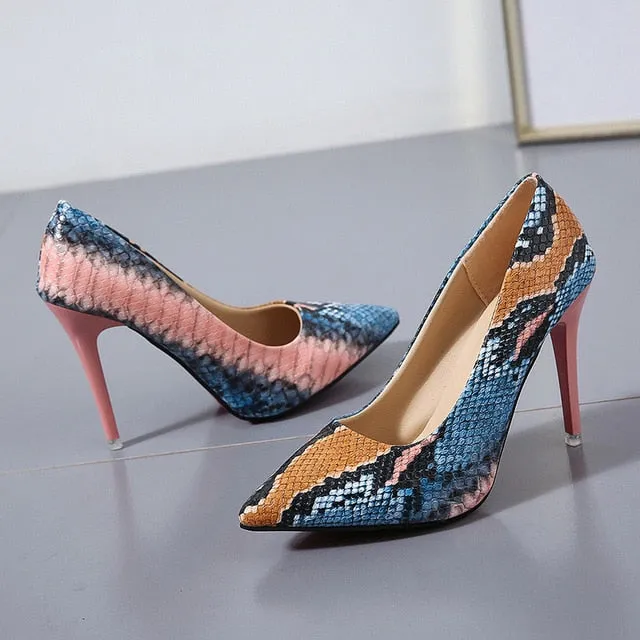 Women PU Leather Pointed Toe Pumps Snake Printing Female Shoes Fashion 2021 Slip on High Heel Pumps Plus Size Ladies Footwear