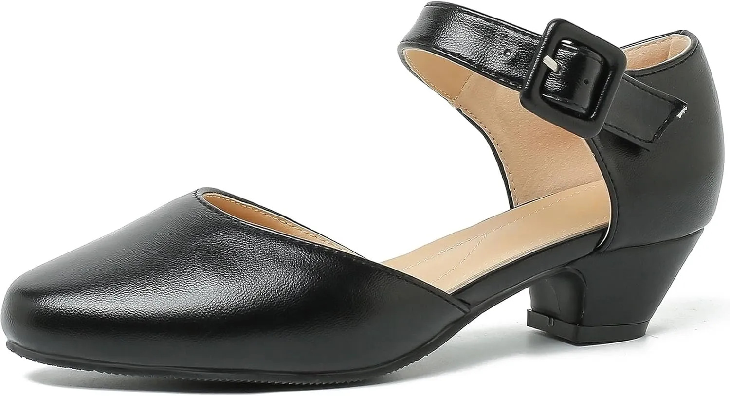 Women's Low Block Heels Ankle Buckle Strap Closed Toe Comfortable Chunky Heel Dress Work Pumps