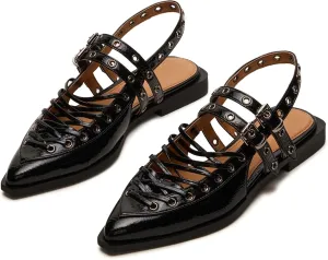 Yishaweiqi Ballet Flats Shoes for Women Pointed Toe Slingback Flats Buckle Strap Ballerina Shoes Casual Mary Jane Flats